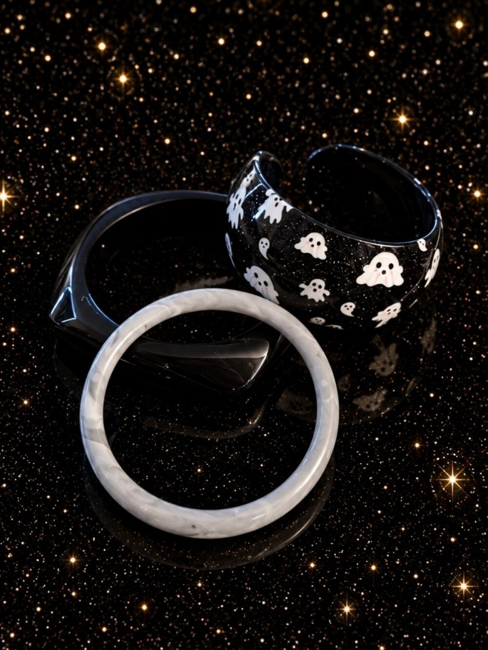 Black & White Ghost Print and Marble Resin Bangle Set - Women Accessories